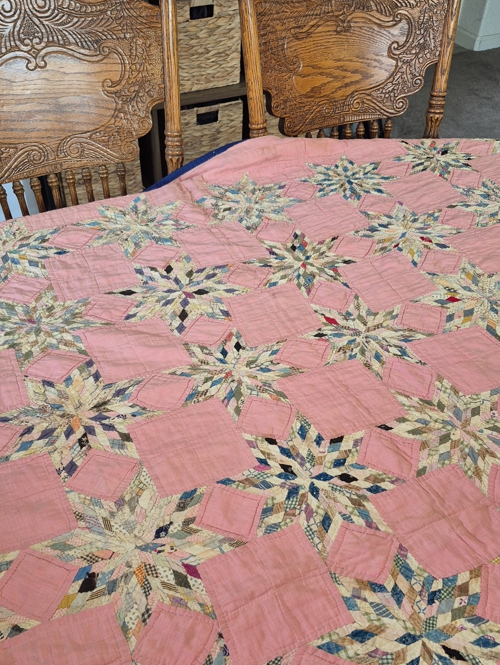 Vintage Patchwork Star Quilt - Pink Patchwork Quilt 71 x 86 Hand Quilted